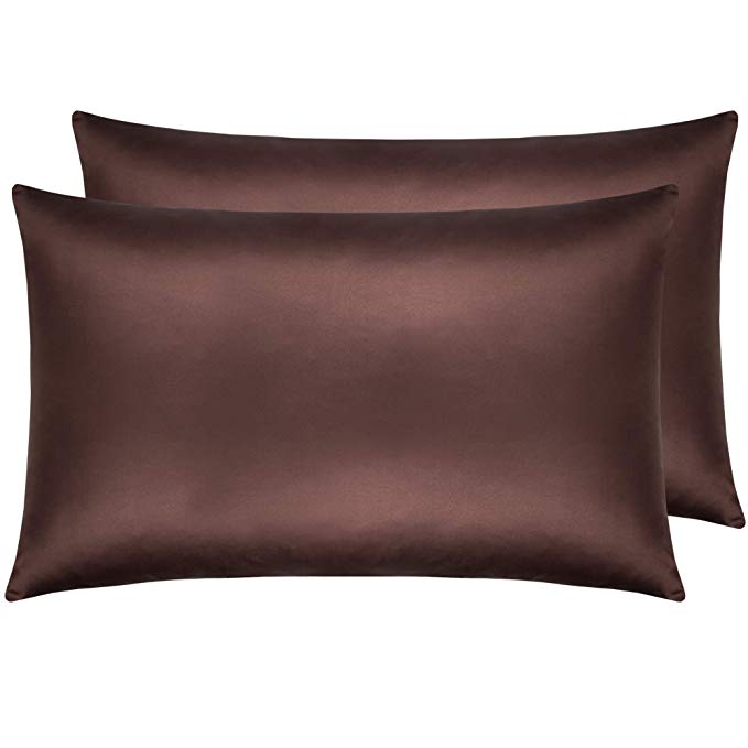 NTBAY Satin Pillowcases Set of 2, Silky Soft and Luxury, Zippered Closure (Chocolate, Queen)