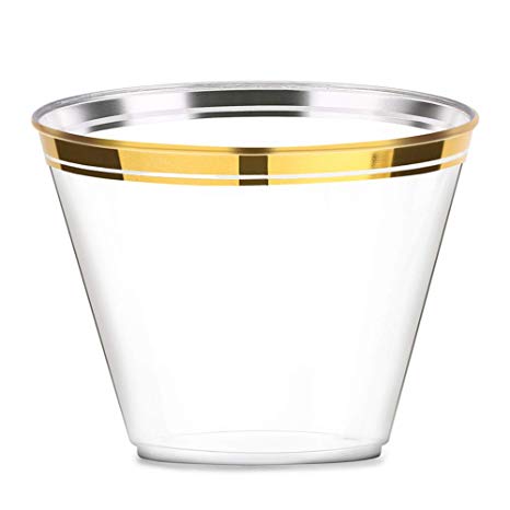 Gold Party Plastic Cups, Mokaloo 9oz Clear Disposable Plastic Cups With Gold Rim Perfect for Parties Weddings Graduation Birthday (100 pcs)