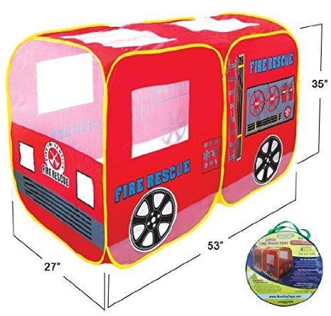 Large Red Fire Truck Pop-Up Play Tent - Fire Engine Playhouse with Back Tunnel Entrance for Boys or Girls for Indoor or Outdoor Use By WooHoo Toys