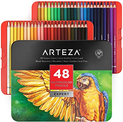 ARTEZA Professional Watercolor Pencils, Set of 48, Multi Colored Art Drawing Pencils in Bright Assorted Shades, Ideal for Coloring, Blending and Layering, Watercolor Techniques