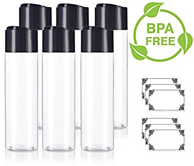 Clear 8 oz / 250 ml Professional Cylinder PET Bottles (BPA Free) with Wide Black Disc Cap Lid (6 pack)   Labels for Shampoo, Conditioner, Body Wash, Lotion, and more