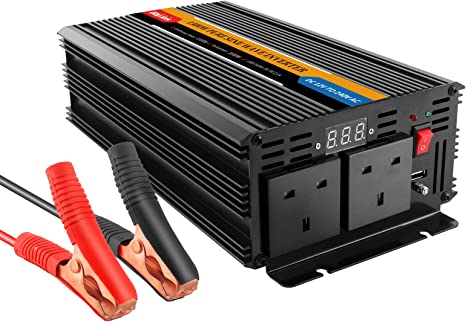 Bapdas 1500W Pure Sine Wave Power Inverter 12V to 240V Car Converter Adapter with 2AC Outlets and USB Port