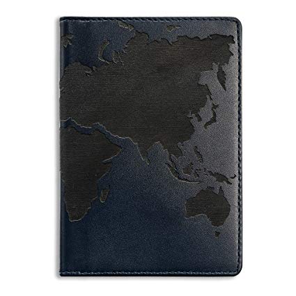 Lethnic Leather Passport Holder Wallet Cover Case RFID Blocking Travel Wallet (World Map) (Navy Blue)