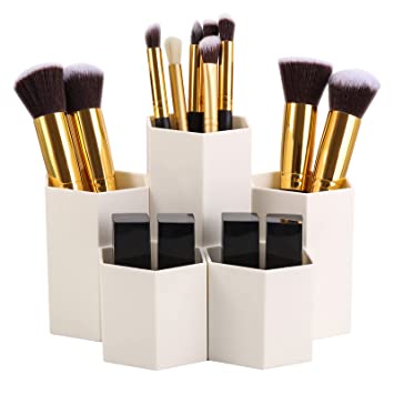 Makeup Brush Holder Organizer, 5 Slot Plastic Cosmetics Brushes Pen Storage Solution,Disassemble (Beige)
