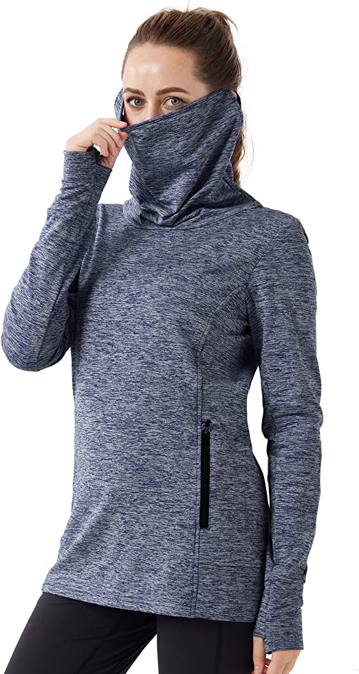 Women's Long Sleeve Fleece Sweatshirts, Turtle Neck Running Shirt, Workout Top with Neck Gaiter Face Mask Thumb Holes