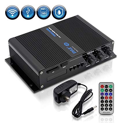 2-Channel Bluetooth Audio Marine Amplifier - 200 Watt Power Compact Weather Resistant Audio Amp Wireless Receiver System w/ MP3, USB, SD Reader, Volume Bass Treble Control, LCD Digital Screen - Pyle