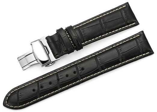 iStrap 20mm Alligator Grain Cow Leather Watch Band Strap W/ Butterfly Deployment Buckle Black 20