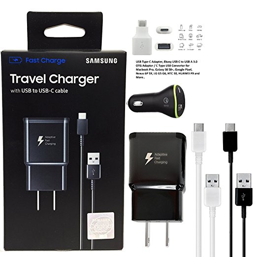 Offical OEM Samsung Adaptive Fast Charging Charger - for Samsung Galaxy S8/S8 /Note8 & W/Puregear Quick Car Charger & Google C USB Adapter (US Retail Packing Kit)