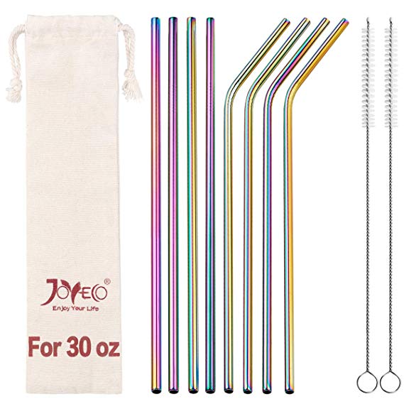 JOYECO 8 Pcs Stainless Steel Straws Drinking Reusable, Extra Long for 20oz 30oz Tumblers,10.5" x 0.24", Rainbow Multi-Colored