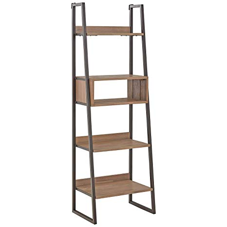 Rivet Roxmere Modern Ladder Bookcase, 23.6"W, Acacia Wood and Dark Metal