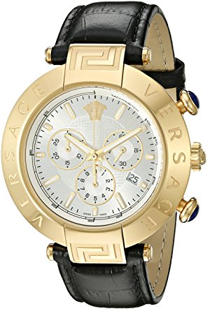 Versace Men's Swiss Quartz Stainless Steel and Leather Casual Watch, Color:Black (Model: VQZ040015)