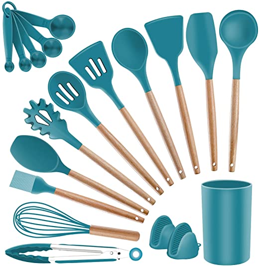 Silicone Kitchen Cooking Utensils Set - SZBOB Heat Resistant Kitchen Tools Wooden Handle Spoons Silicon Whisk Kitchen Utensil Set with Holder Spatulas Turner Tongs Kitchen Appliances for Cooking, Blue