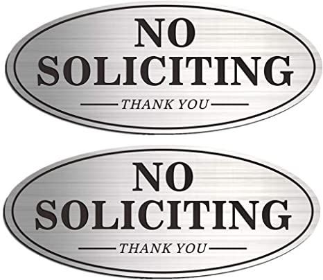 House Door No Soliciting Sign Metal, 2 Pack Silver Color 7.0 x 3.0 inches, Self-Adhesive Modern Design Aluminum Signs for Office Home Business Company, Waterproof and Weather Resistant