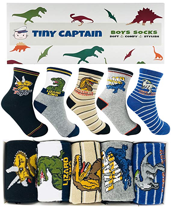 Tiny Captain Boy Dinosaur And Cars Kids Socks 4-7 & 7-10 Year Old Boys Crew Sock Perfect Age 4-10 Gift Set