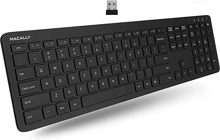 Macally Rechargeable Wireless Keyboard for Laptop - Ultra Slim 2.4G Computer Keyboard Wireless with 110 Quiet Keys, 17 Shortcuts, Numeric Keypad, and LED Indicators - Full Size Low Profile Keyboard