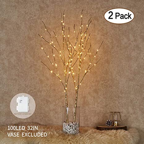 Hairui Lighted Artificial Golden Twig Tree Branch with Fairy Lights 32in 100 LED Battery Operated Lighted Willow Branch for Christmas Easter Wedding Party Spring Decoration 2 Pack (Vase Excluded)