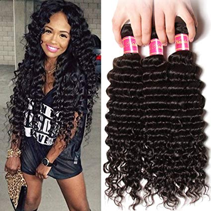 Nadula 8a Remy Virgin Brazilian Deep Wave Human Hair Extensions Pack of 3 Unprocessed Deep Wave Weave Natural Color Mixed Length 16inch 18inch 20inch