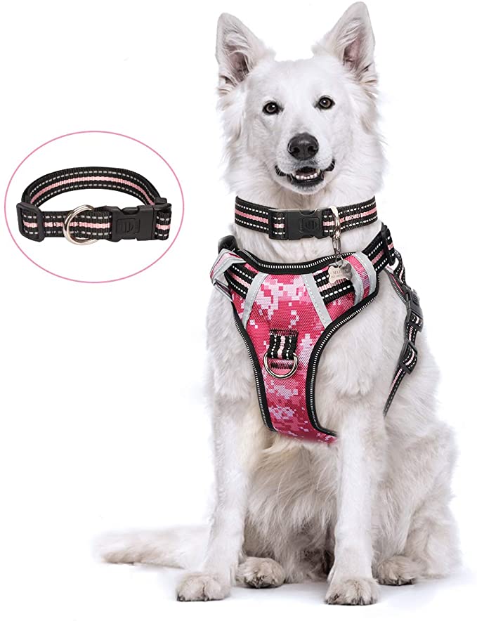 WINSEE Dog Harness No Pull, Pet Harness with Dog Collar, Adjustable Reflective Outdoor Vest, Front/Back Leash Clips for S, M, L, XL Dogs, Easy Control Handle for Walking