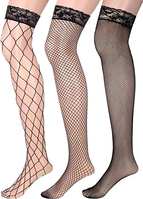 3 Pairs Fishnet Thigh High Stockings Black Sheer Lace Top Stockings for Women Wearing Favor