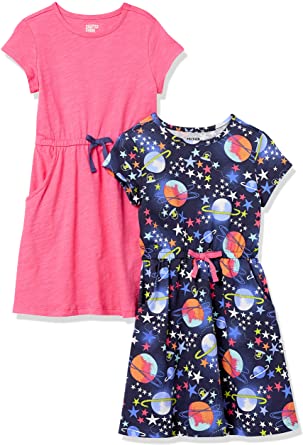 Spotted Zebra Girls and Toddlers' Knit Short-Sleeve Cinch-Waist Dresses, Pack of 2