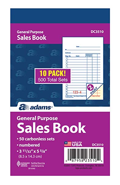 Adams General Purpose Sales Book, 2-Part, Carbonless, White/Canary, 3-11/32" x 5-5/8", 50 Sets per Book, 10 Pack (DC3510)