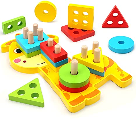 TOLOLO Montessori Toys for 1 2 3 4 Year Old Boys Girls, Educational Learning Toy Sensory Toys for Toddlers 1-3 Birthday Gifts, Wooden Shape Sorter Color Recognition Stacker Puzzle Toys