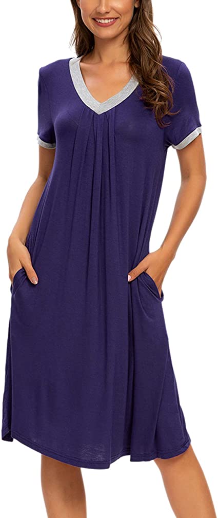 MINTLIMIT Womens Nightgown V Neck Sleepwear Short Sleeve Casual Nightshirt Pleated Sleep Shirt Dress with Pockets