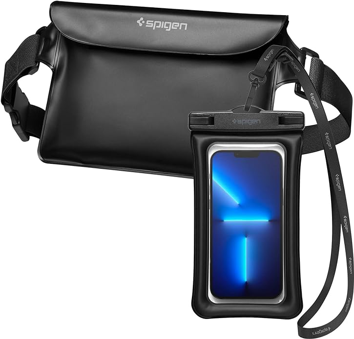 Spigen Aqua Shield IPX8 Waterproof Pouch Bag and Waterproof Phone Pouch Case for Beach Swimming, Boating, Kayaking, Surfing and Fishing Black