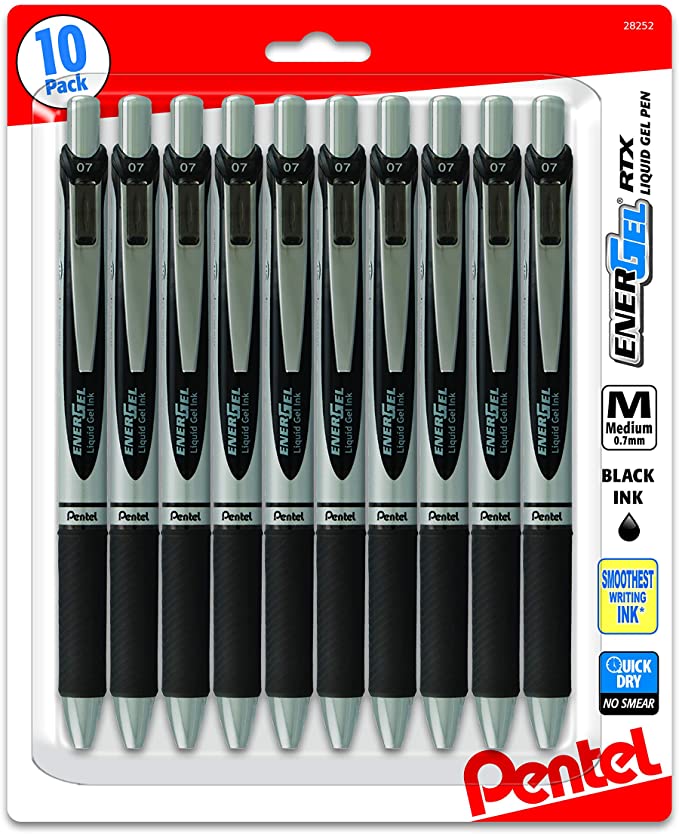 Pentel Energel 0.7 MM RTX Retractable Deluxe Liquid Gel Pen, Bulk Pack Of 10 Black Ink Metal Pens, Medium Line, Metal Tip Premium Pentel Pens Great for Office, School & Home for Women & Men BL77BP10A