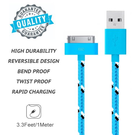 Go Beyond (TM) 3 Feet 30 Pin Fabric Braided Nylon Premium Durable USB Charging/Data Sync Cable for Apple iPod, iPhone, and iPad (SHIPPED IN SAME BUSINESS DAY.) (3FT Blue Nylon Cable)