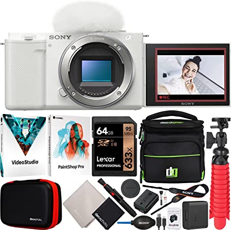 Sony ZV-E10 Mirrorless Alpha APS-C Interchangeable Lens Vlog Camera Body ILCZV-E10/W White Bundle with Deco Gear Photography Case   Photo Video Software   Compact Tripod & Accessories Kit