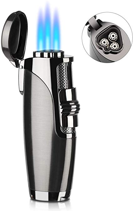 Torch Lighter, Adjustable Triple Jet Flame Cigar Lighter Refillable Gas Butane Lighter w/Punch Cutter