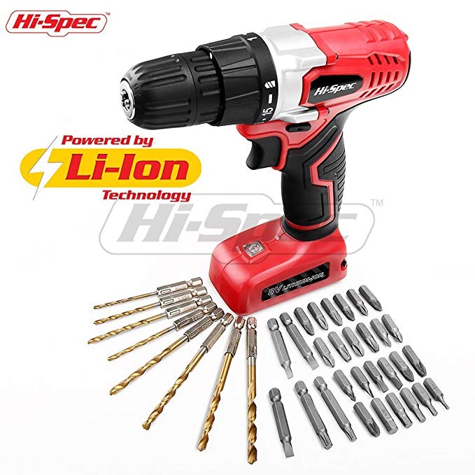 Hi-Spec 8V 1300mAh Li-ion Cordless Battery Power Drill Driver with 38 Piece Drill & Screw Bit Tool Set Kit for Effortless DIY Repairs Assembly Drilling & Screwdriving In the Home, Office, Garage, and Workplace