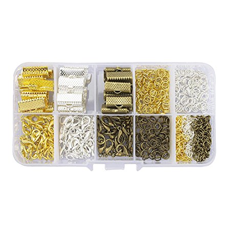 LolliBeads (TM) 15mm(5/8") Assorted Size Silver Gold Antiqued Brass Bronze Ribbon Leather Cord Bookmark End Bracelet Pinch Crimps Kit Lobster Clasps Chain Extenders Pack Alloy Drop End (510 Pcs)