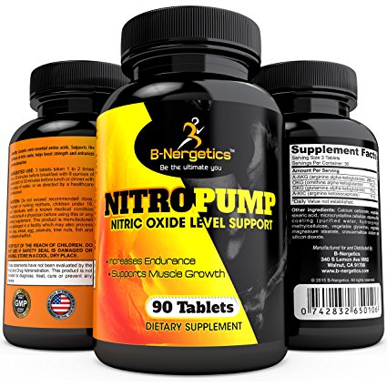 B-Nergetics Nitropump Pre Workout Support - 90 Tablets - Potent 3000mg L-Arginine Blend for Strong Muscle Growth, Strength, Endurance - bodybuilding enhancement supplement