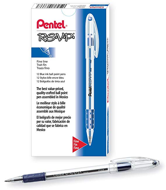 Pentel R.S.V.P. Ballpoint Pen, 0.7mm Fine Tip, Blue Ink, Box of 12 (BK90-C)
