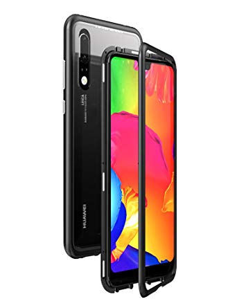 KumWum Huawei P20 Pro Case Slim Aluminum Metal Bumper Case Magnetic Adsorption Tempered Glass Back Cover Phone Case for P20 Pro (Huawei P20 Pro, Clear Back   Black Frame)