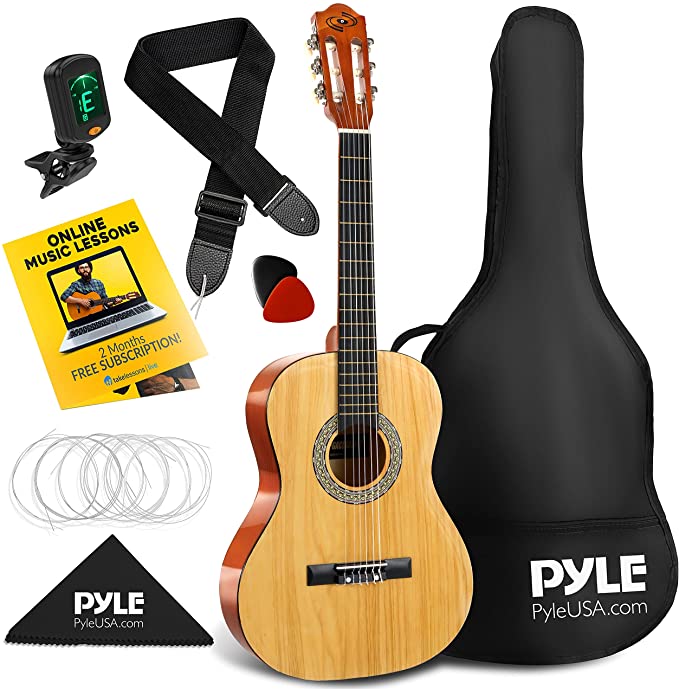 Pyle Left Handed ¾ Size Classical Acoustic Guitar Kit - 36” Junior Starter 6 String Traditional Classic Handcrafted Wood w/Gig Bag, Digital Tuner, Strings, Picks, Strap, for Lefty Beginners Students