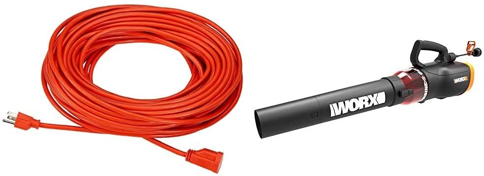 AmazonBasics 16/3 Vinyl Outdoor Extension Cord | Orange, 100-Foot & Worx WG520 Turbine 600 Corded Electric Leaf Blower, Black