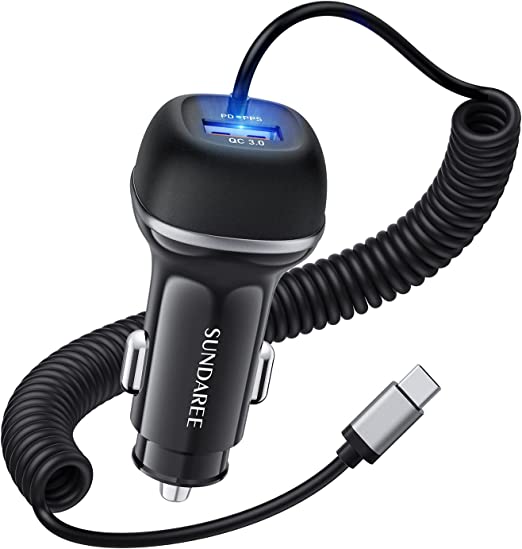 USB C Car Charger,SUNDAREE 51W 2-Port Fast Car Charger Adapter PD3.0 & QC3.0 Fast Charging with 5ft 33W Super Fast Charging Coiled Cable for Samsung Galaxy S22/21,Note20/10,iPhone