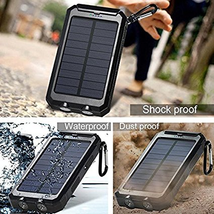 Eachbid Solar Power Bank,10000mAh Solar External Battery Charger,Shockproof Dustproof Waterproof Double USB   Solar charger   Dual LED lights with Carabiner Compass Hook,Black