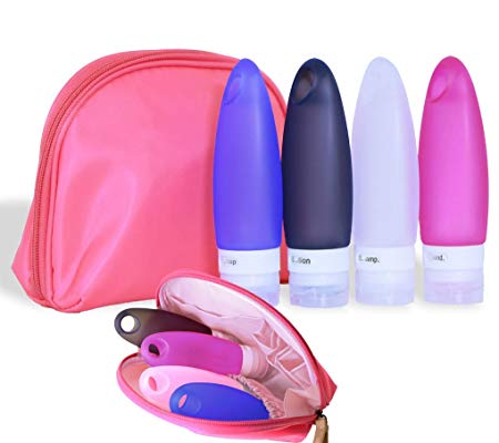 FullPlus TSA Approved Portable Silicone Travel Bottles Set with Rose Pink Cosmetics Bag, TSA Approved (3.3 oz,Pack of 4)