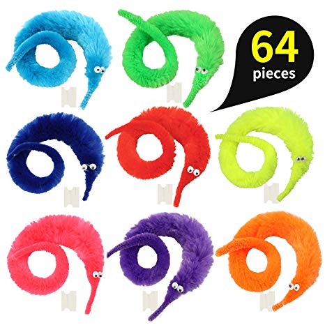 pushang 64pcs Magic Worm Toys, Magic Wiggle Twisty Fuzzy Worm Trick Toy Party Favors (8 Colors)