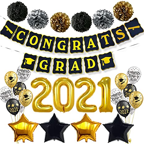 Graduation Decorations 2021, Black and Gold Congrats Grad Banner Party Supplies with 2021 Balloons, Paper Pompoms, Graduation Printed Balloons for Class of 2021 TD082
