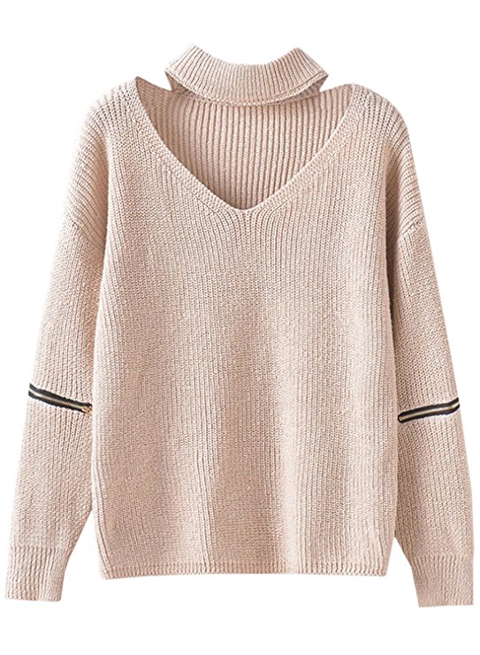 Futurino Women's Solid Choker V Neck Long Sleeve Loose Knit Sweater Jumper Top