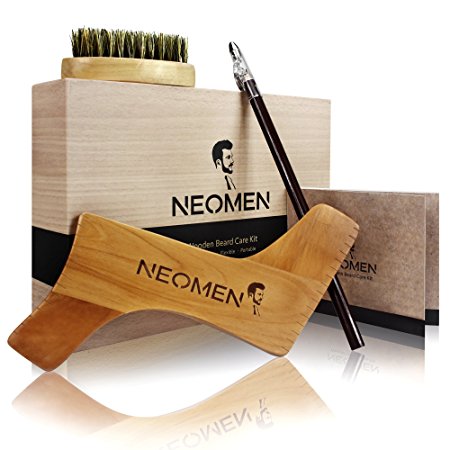 NEOMEN Wooden Beard Grooming Kit, Beard Shaping Template Designed for Various Beard Styles, With Boar Bristle Beard Brush & Barber Pencil, Helps to Achieve Perfect Goatee, Mustache & Neck Line