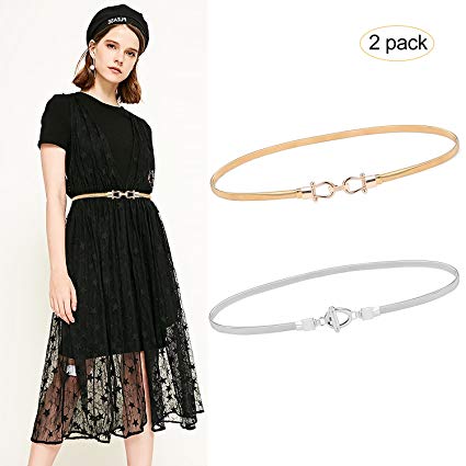 Women Elastic Skinny Waist Belt Metal Stretchy Chain Dress Belts for Women Girls 2 Pack Gold Silver By JASGOOD