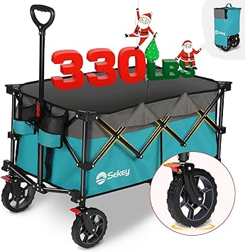 Sekey Collapsible Foldable Wagon with 330lbs Weight Capacity, Heavy Duty Folding Wagon Cart for Grocery Camping Shopping Sports, with Big All-Terrain Wheels & Drink Holders.Turquoise