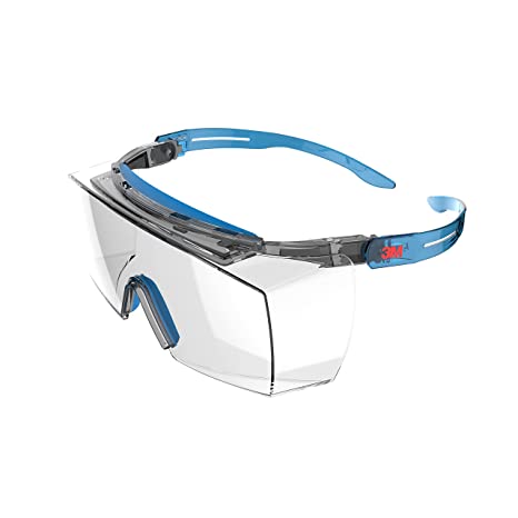 3M Safety Glasses, SecureFit 3700 Series, Brow Guard, Anti-Scratch, Fits Over Glasses, Clear Lens, Blue Temple