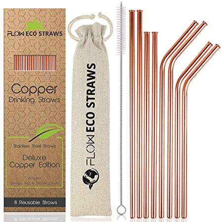 Reusable Copper Drinking Straws, Deluxe Drinks & Cocktail Straws with Rounded Sipping Ends, Scratch Proof & Rust Proof Bar or Restaurant Straw Set by Flow Barware